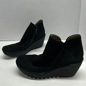 Fly London Yip Black Suede Wedge Heels Boots Booties Size 41 US 10 - 10.5